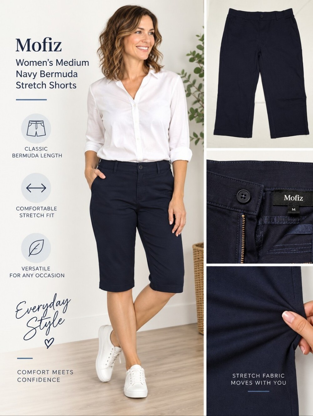Mofiz women's medium navy bermuda stretch shorts #24